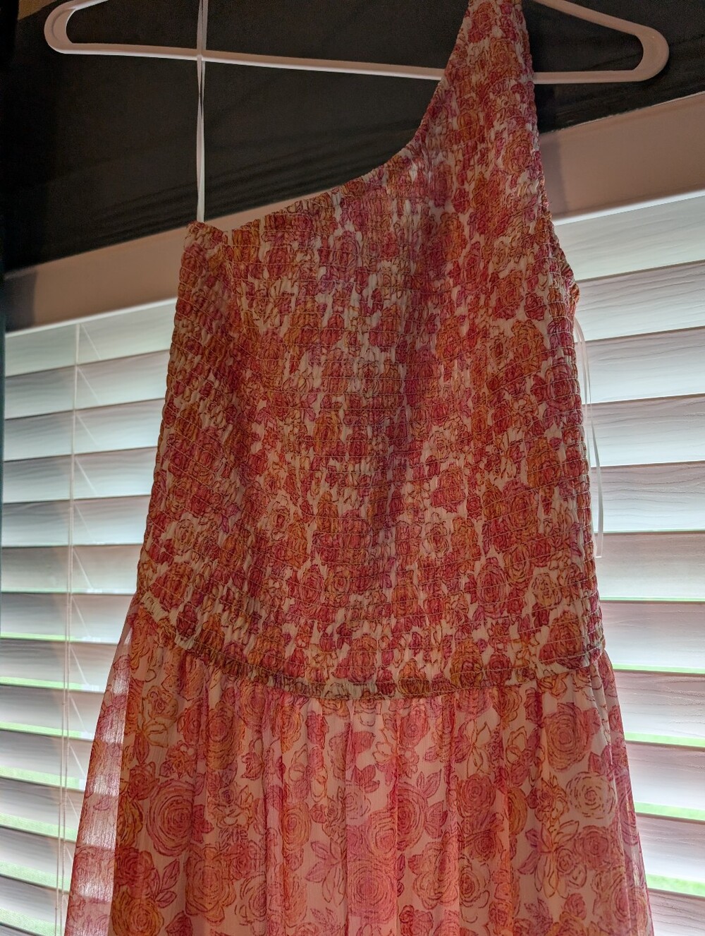 One-Shoulder Floral Maxi Dress in Coral and Cream